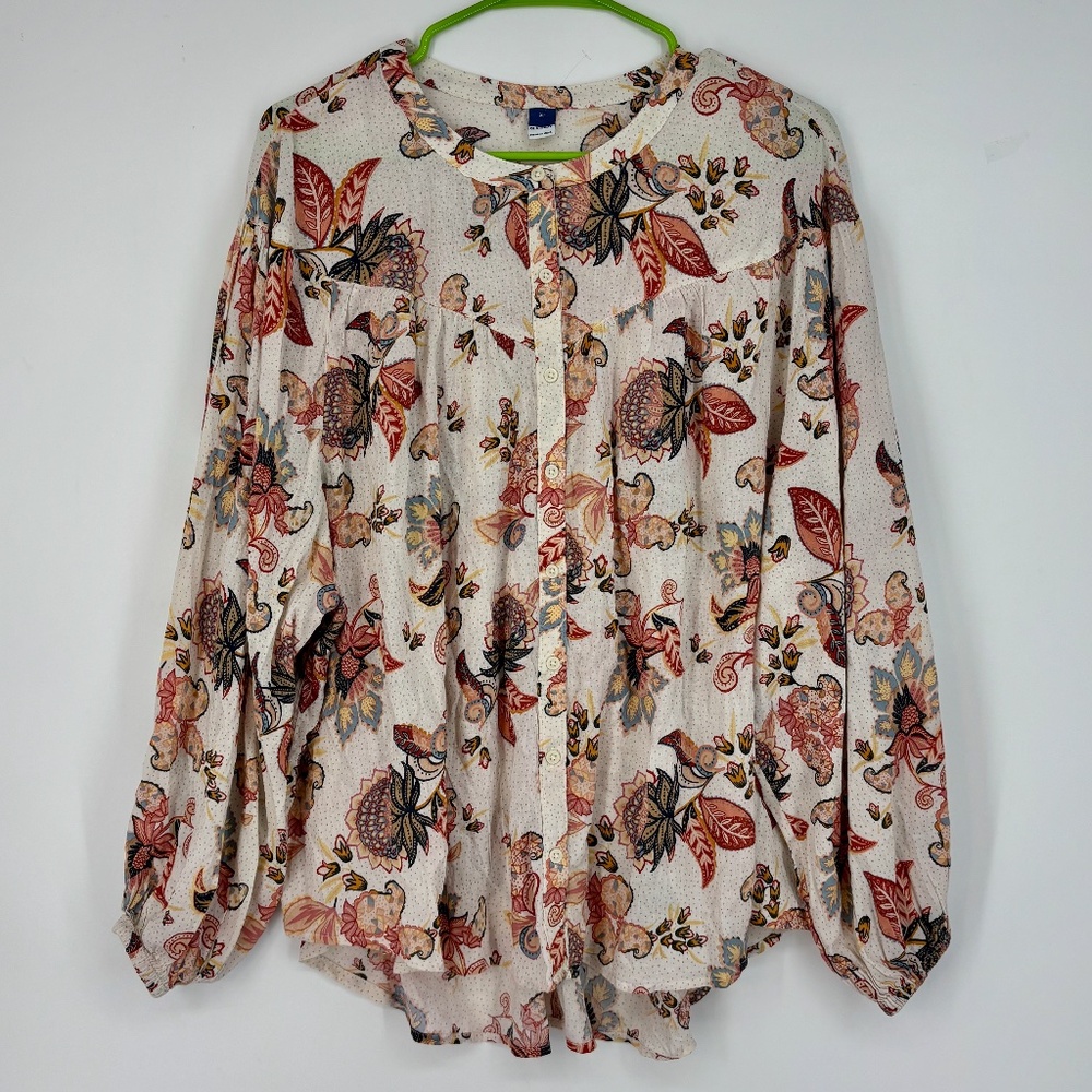 Old Navy Womens XL Oversized Button Up Peasant Blouse Multi Color Floral Long Sl